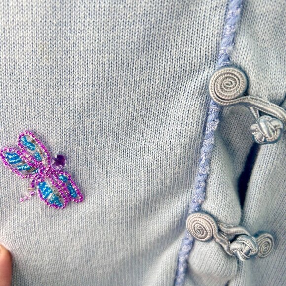 STORYBOOK KNITS LT BLUE BEADED DRAGONFLY KNOT CLOSURE RUFFLED CARDIGAN SWEATER - - Picture 5 of 6